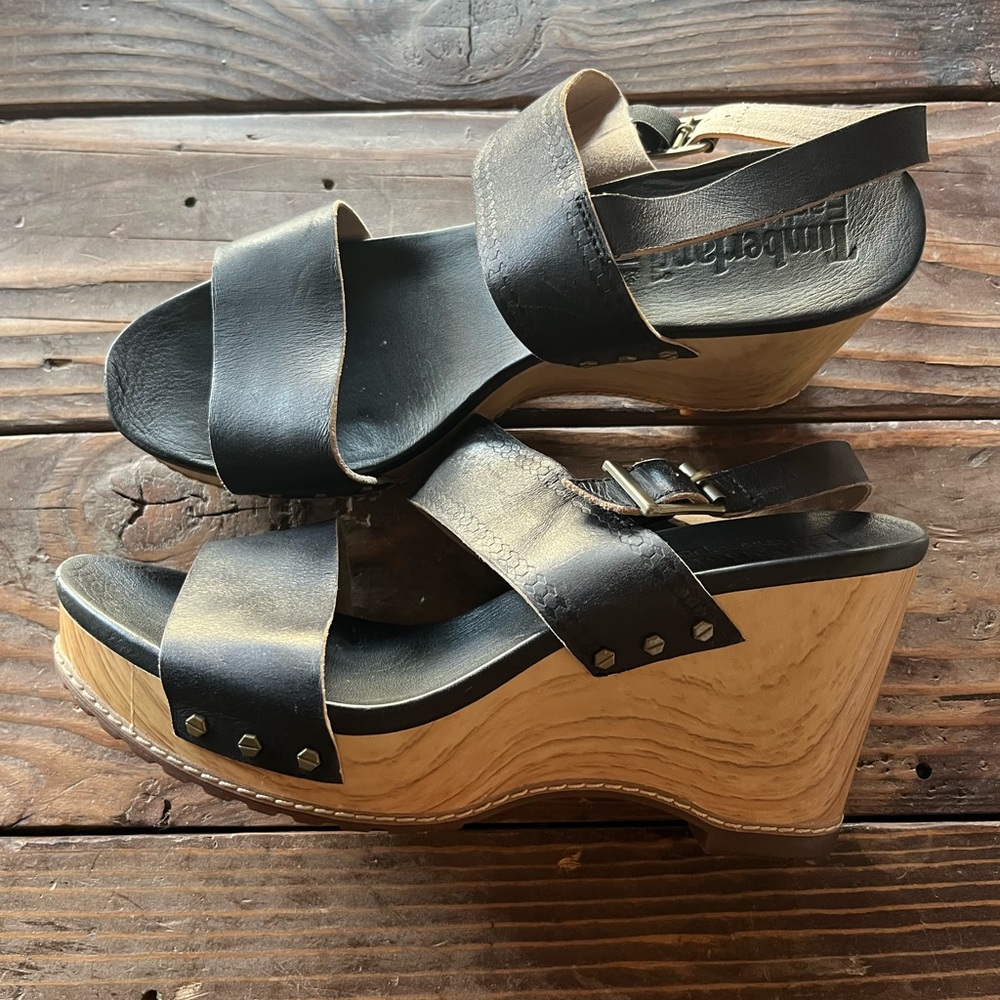 Timberland Black and Tan Wedge Sandals